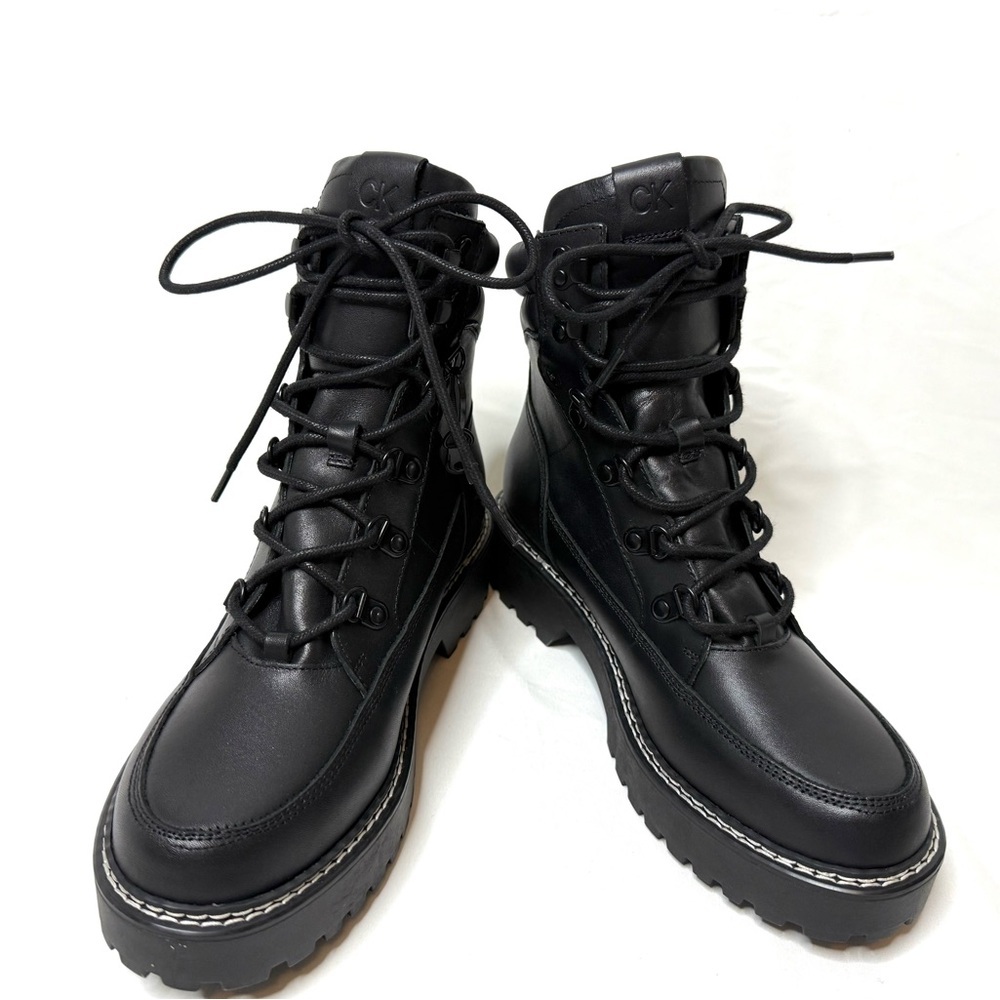 Calvin Klein Boots Womens 8.5 Black Leather Lace Up Combat Ankle Lug Sole Grunge